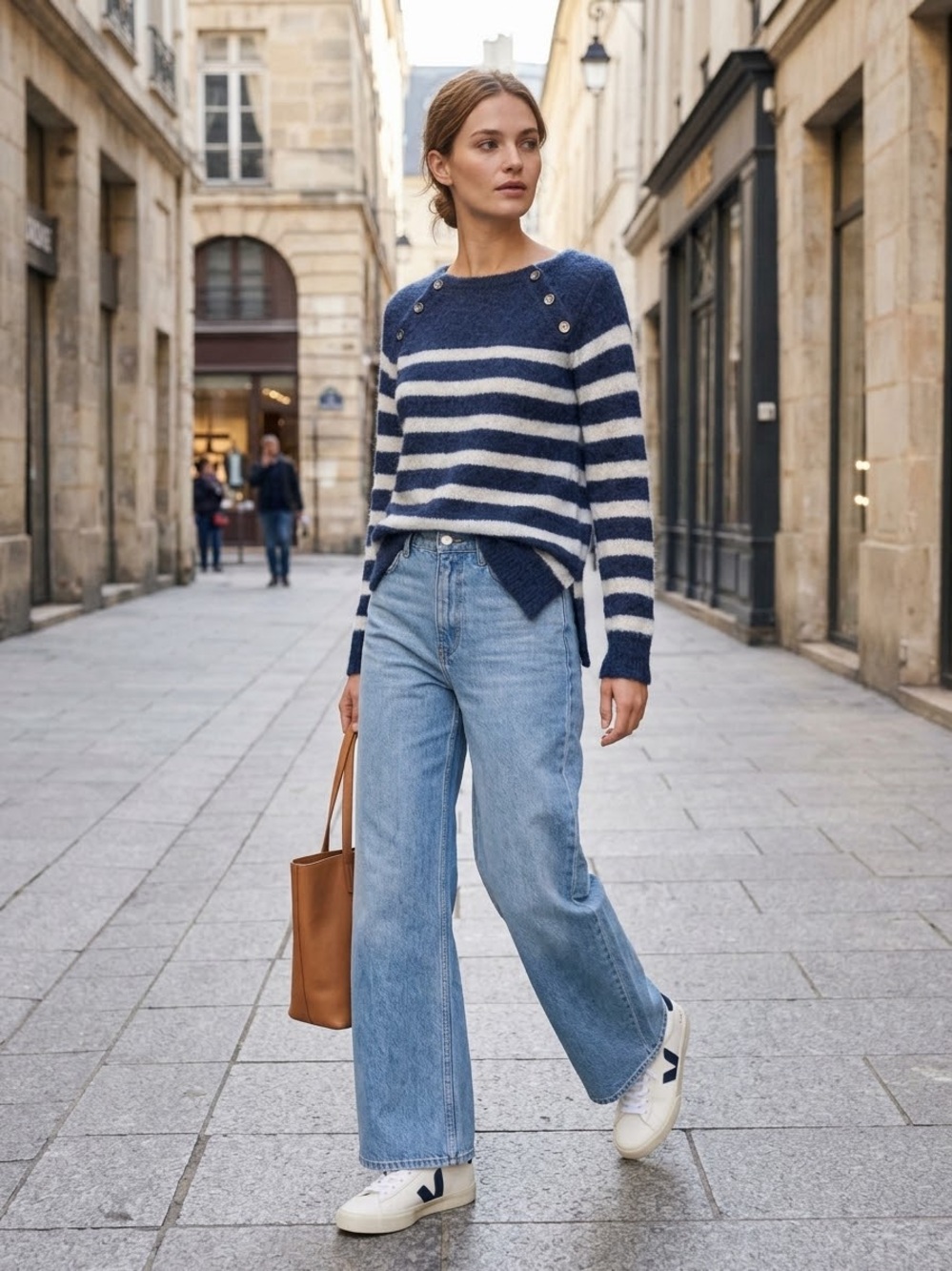 Pam & Gela Striped Boatneck Button-Shoulder Sweater - Navy & White